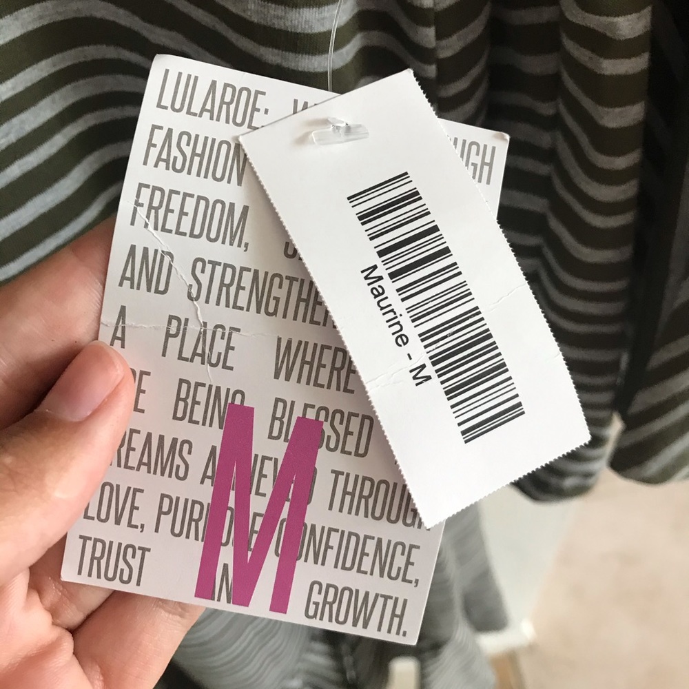 LuLaRoe Army Green and Gray Striped Maurine Dress - Picture 4 of 5